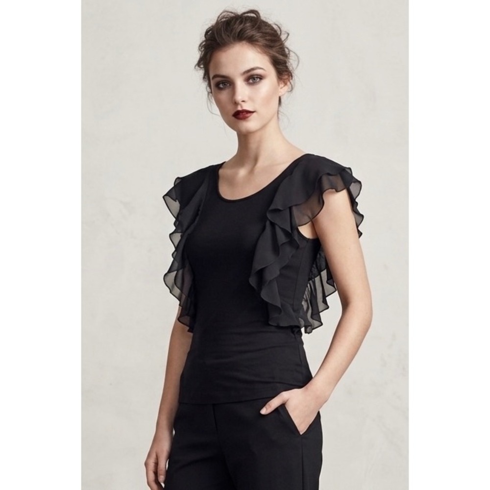 H&M Ruffle Sleeve Top S Black Soft‎  Romantic Sheer Chiffon Flutter Whimsigoth